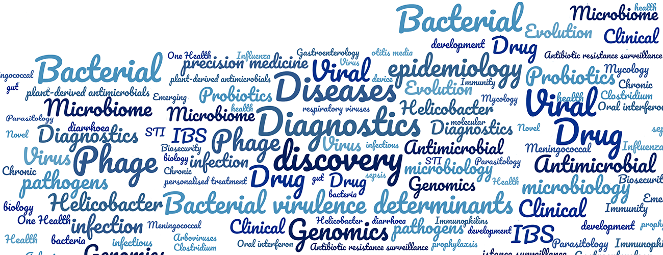 Word cloud describing key areas of research at the Centre including diagnostics, helicobacter, bacterial, genomics, viral