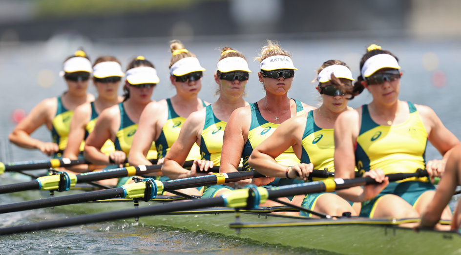 TOKYO, JAPAN - JULY 24: Genevieve Horton, Olympia Aldersey, Bronwyn Cox, Giorgia Patten, Sarah Hawe, Georgina Rowe, Katrina Werry, Molly Goodman and James Rook of Team Australia compete during the Women's Eight Heat 2 on day one of the Tokyo 2020 Olympic Games at Sea Forest Waterway on July 24, 2021 in Tokyo, Japan. (Photo by Cameron Spencer/Getty Images)