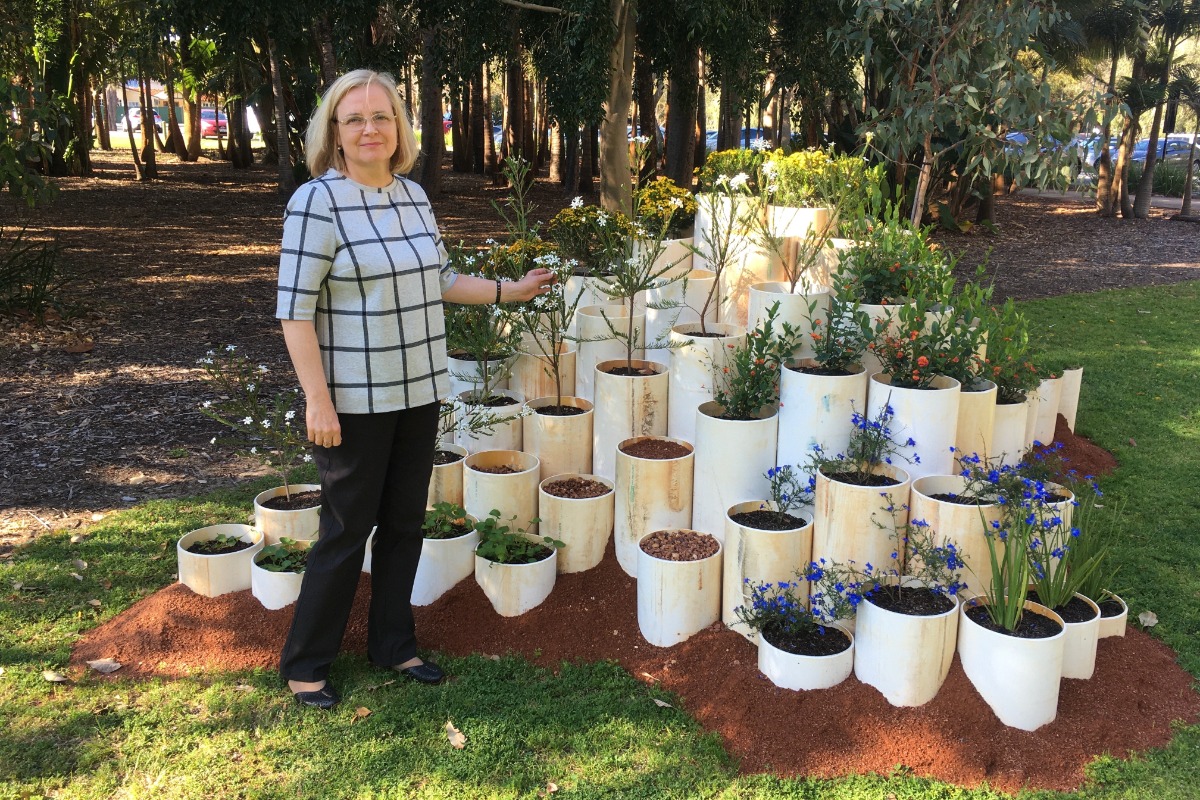 Professor Maria Ignatieva with a landscape architecture installation at UWA