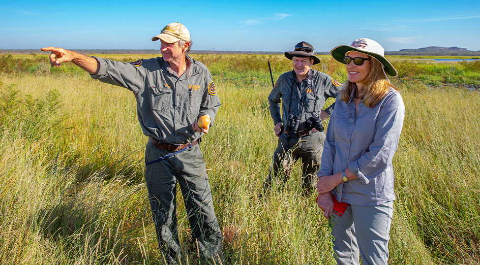 UWA Associate Professor Samantha Setterfield trialling wetland weed management solutions with Kakadu National Park rangers Mick Gorse and Feach Moyle - 944x522