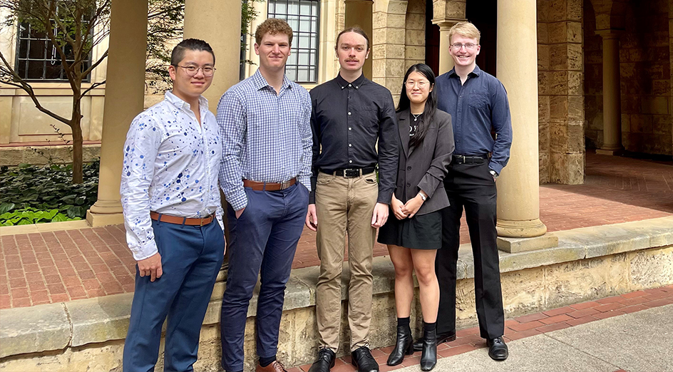 The 2022 UWA New Colombo Plan Scholars, from left to right: Hongye (Henry) Lan, Nicholas Basan, Ethan Dowley, Shanae Sung and Peter Matthews.