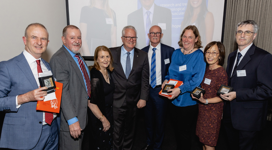 L-R Prof Bill Morgan (on Prof Yu’s behalf), Prof Steve Wilton, Valerie Kakulas, Governor Dawson, Steve Arnott (Perron Institute CEO), Prof Britta Regli-von Ungern-Sternberg, Prof Lee Yong Lim and A/Prof David Sommerfield (PHOTO CREDIT AMMON CREATIVE).