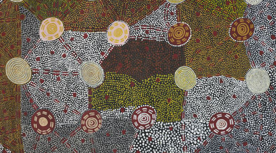 Painting by Anmatyerr, Warlpiri and Arrernte man Kaapa Tjampitjinpa, titled 'Watanuma' (edible flying termites) shows regularly spaced termite pavements. It predates recorded plane, drone and Google Earth observations of pavements.