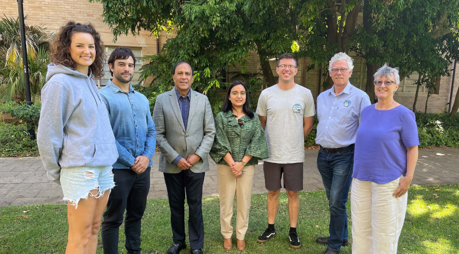 UWA students Jane Brownlee, Emanuel Gomez, Garima, and Dan Kierath, with Hackett Professor Kadambot Siddique, SW WA Hub monitoring, evaluation & learning officer and adoption officer Theo Nabben and project manager Kellie-Jane Pritchard.