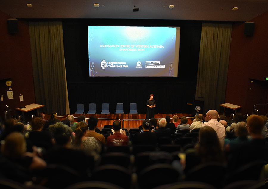 Professor Helena Grehan opening the DCWA Symposium 2025 at the State Library Theatre