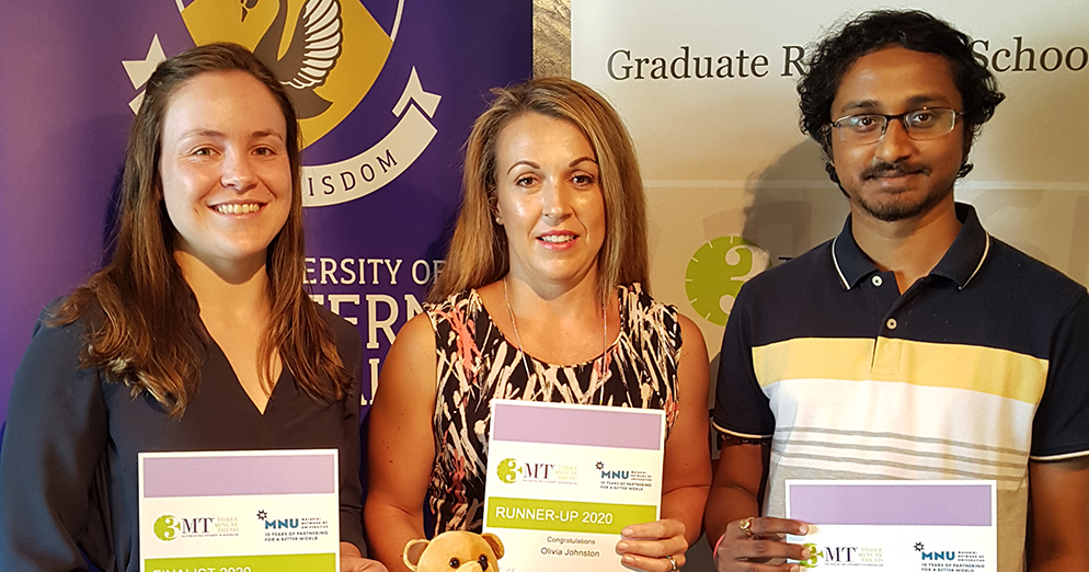 Matariki Three Minute Thesis entrants Courtney, Olivia and Chayan