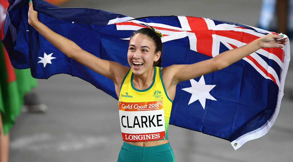 GOLD COAST, AUSTRALIA - APRIL 12: Silver medalist Rhiannon Clarke of Australia celebrates after the Women's T38 100m Final during athletics on day eight of the Gold Coast 2018 Commonwealth Games at Carrara Stadium on April 12, 2018 on the Gold Coast, Australia. (Photo by Matt Roberts/Getty Images)