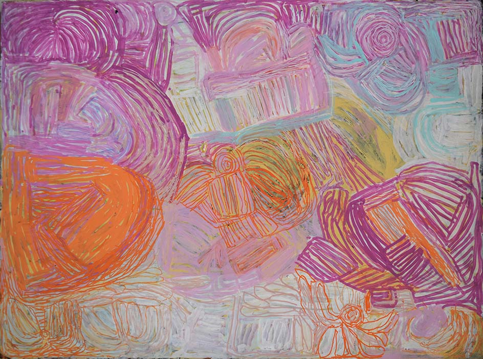 5.	Sonia Kurarra, Martuwarra, 2021, acrylic on paper, 55.5 x 75.5cm. Courtesy the artist and Mangkaja Arts Resource Agency