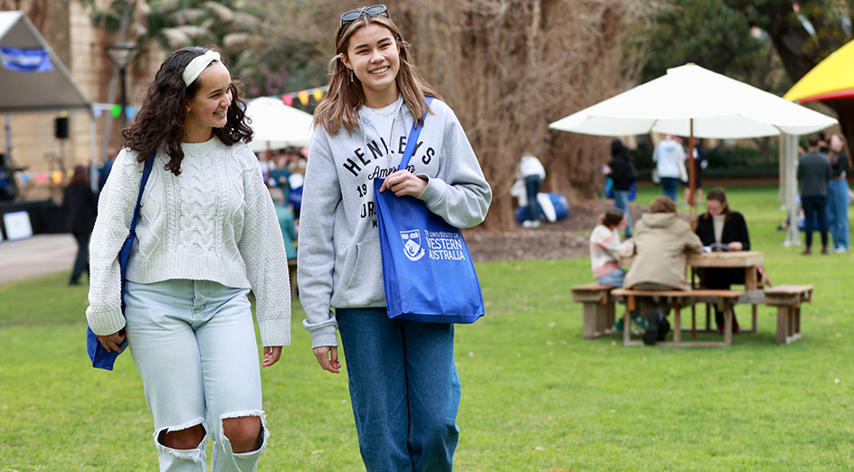 Two female students chatting at Open Day