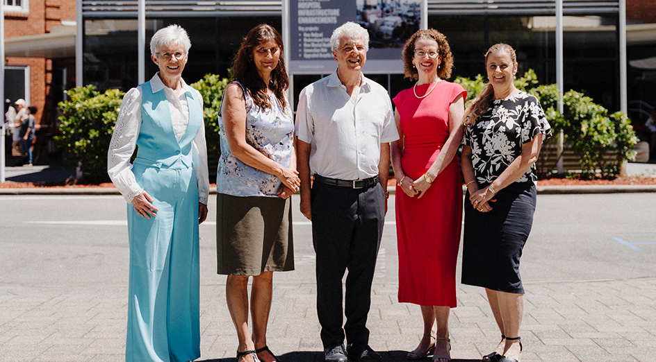 Professor Anne-Marie Hill (UWA), Ms Jenny Clarke (consumer representative),  Professor Leon Flicker (UWA), Ms Carol Watson (Head of Department, Physiotherapy, Royal Perth Bentley Group), Ms Kelly-Ann Hahn (Nursing Director Safety & Quality, Royal Perth Bentley Group