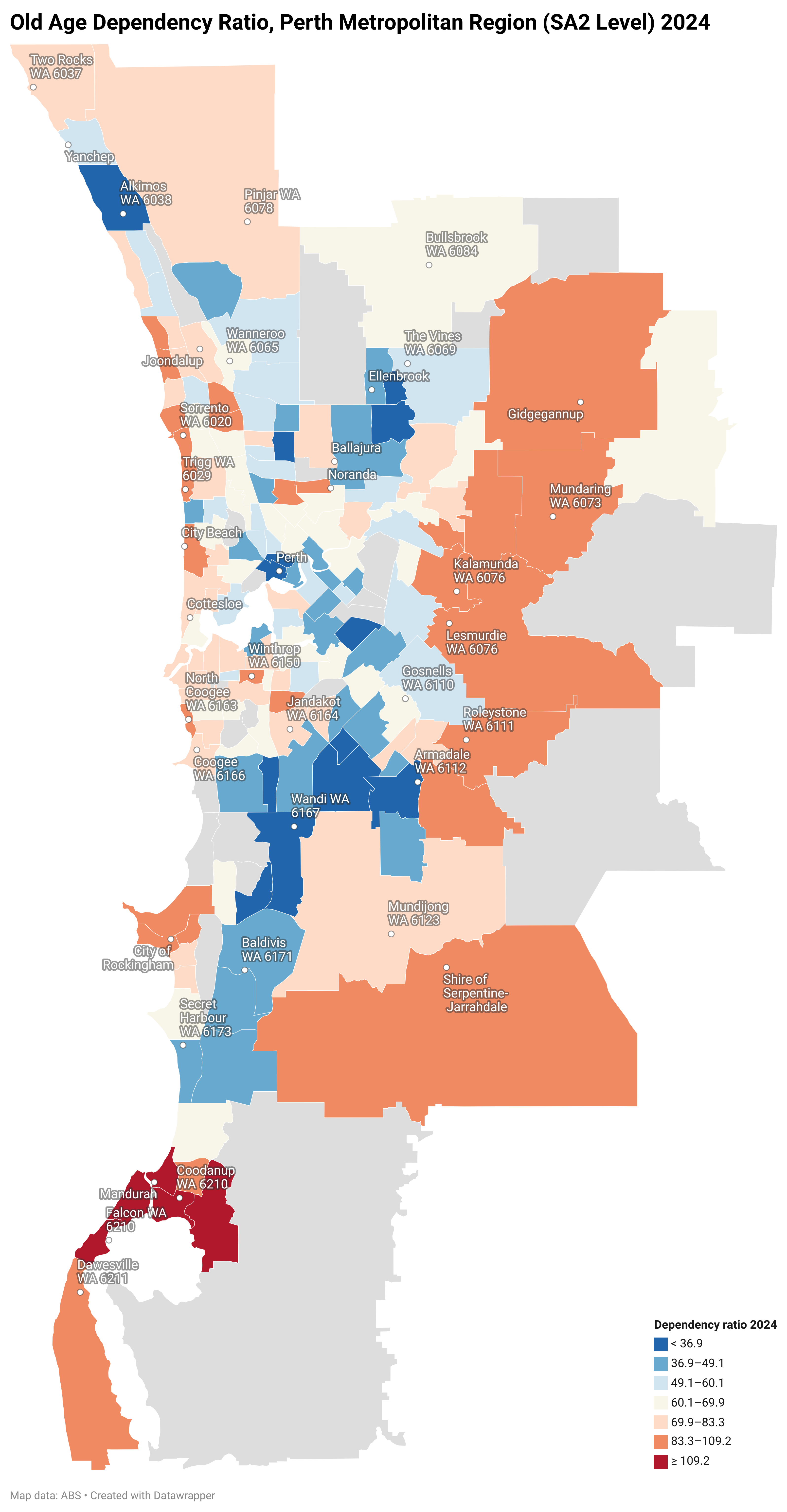 Old age dependency ration, Perth Metropolitan Region (SA2 Level) 2024 