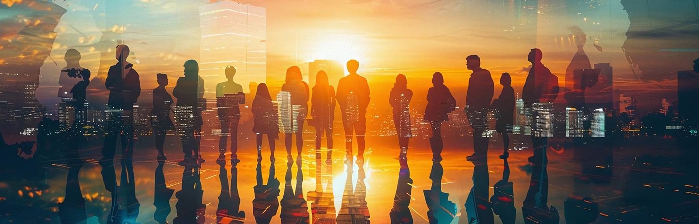 Image of people standing with a city behind them