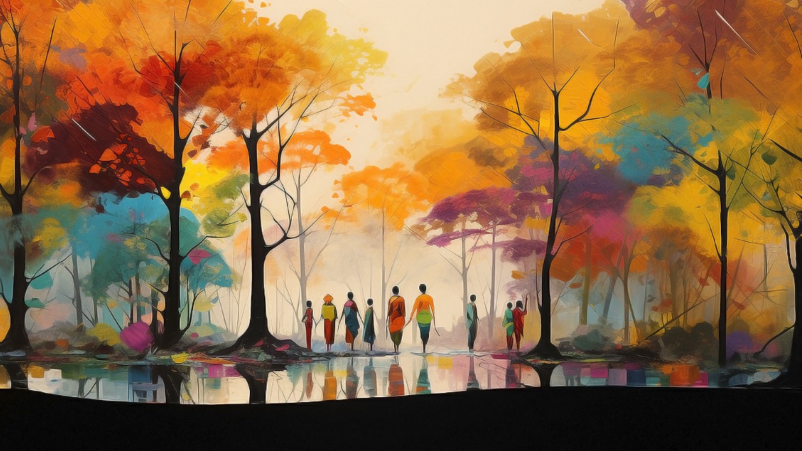 Illustration of people walking amongst colourful trees