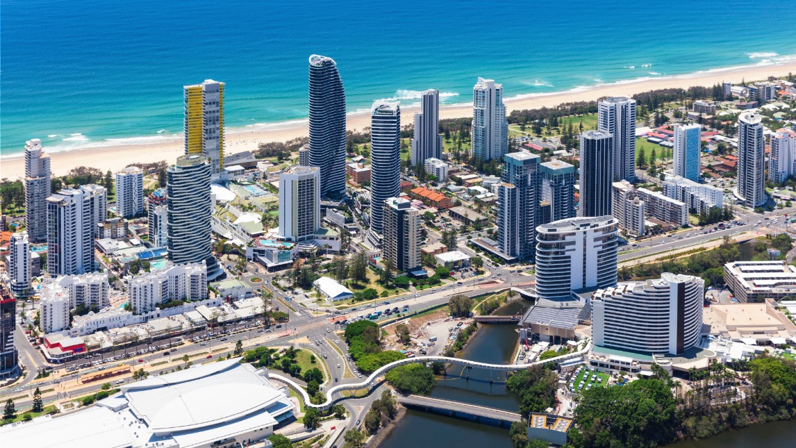 Aerial view of Broadbeach with the convention centre and casino on the Gold Coast