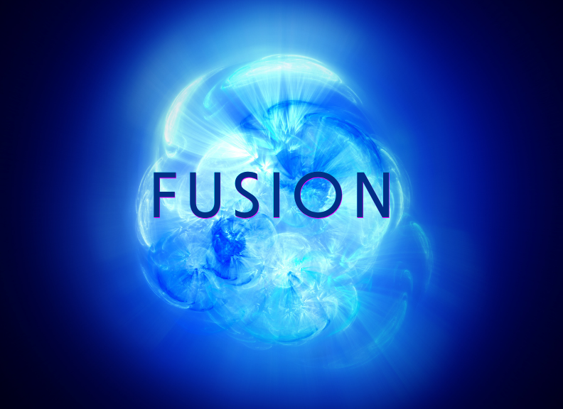 Abstract blue light formation with the word “FUSION” centred over a glowing, cloud-like energy pattern on a dark blue background.