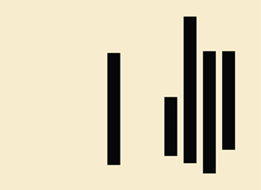 Abstract graphic featuring five vertical black bars of varying heights on a light beige background, arranged like a minimalist bar chart or soundwave.