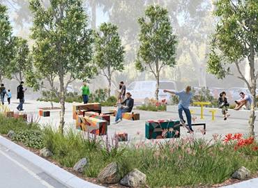 Colourful abstract artwork featuring sketch-style faces, flowing waves, red fish and a banner reading ‘MFA Exhibition.