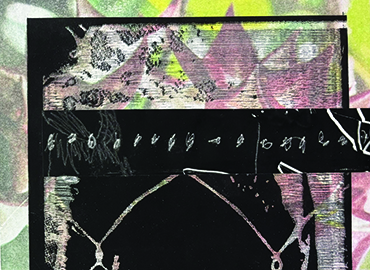 Abstract mixed-media artwork featuring layered geometric forms, textured black blocks and hand-drawn line elements in pink, green and white tones.
