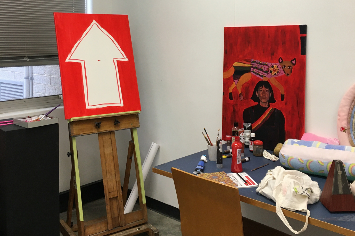 Paintings on an easel and desk