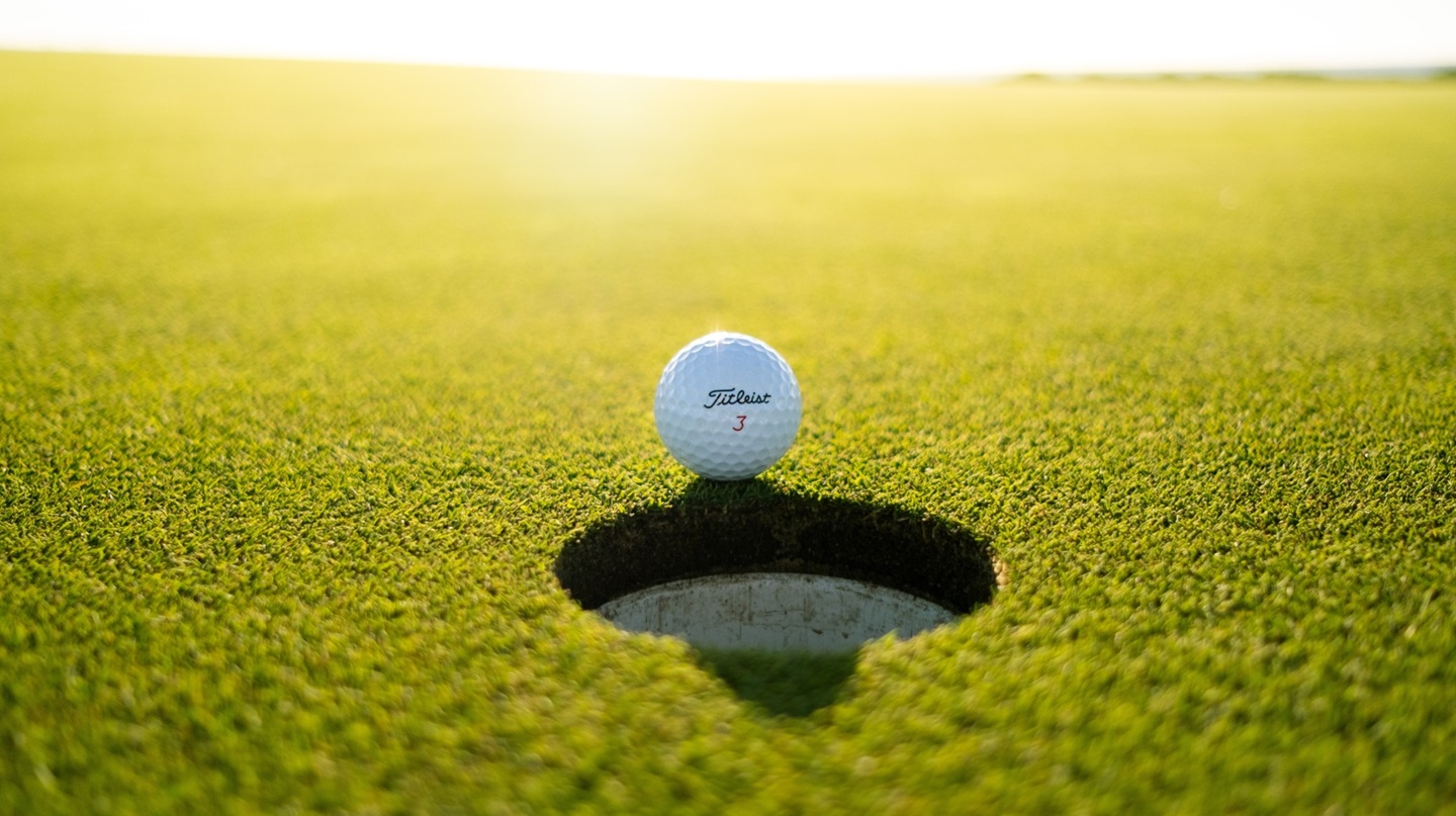 Golf ball on a green field