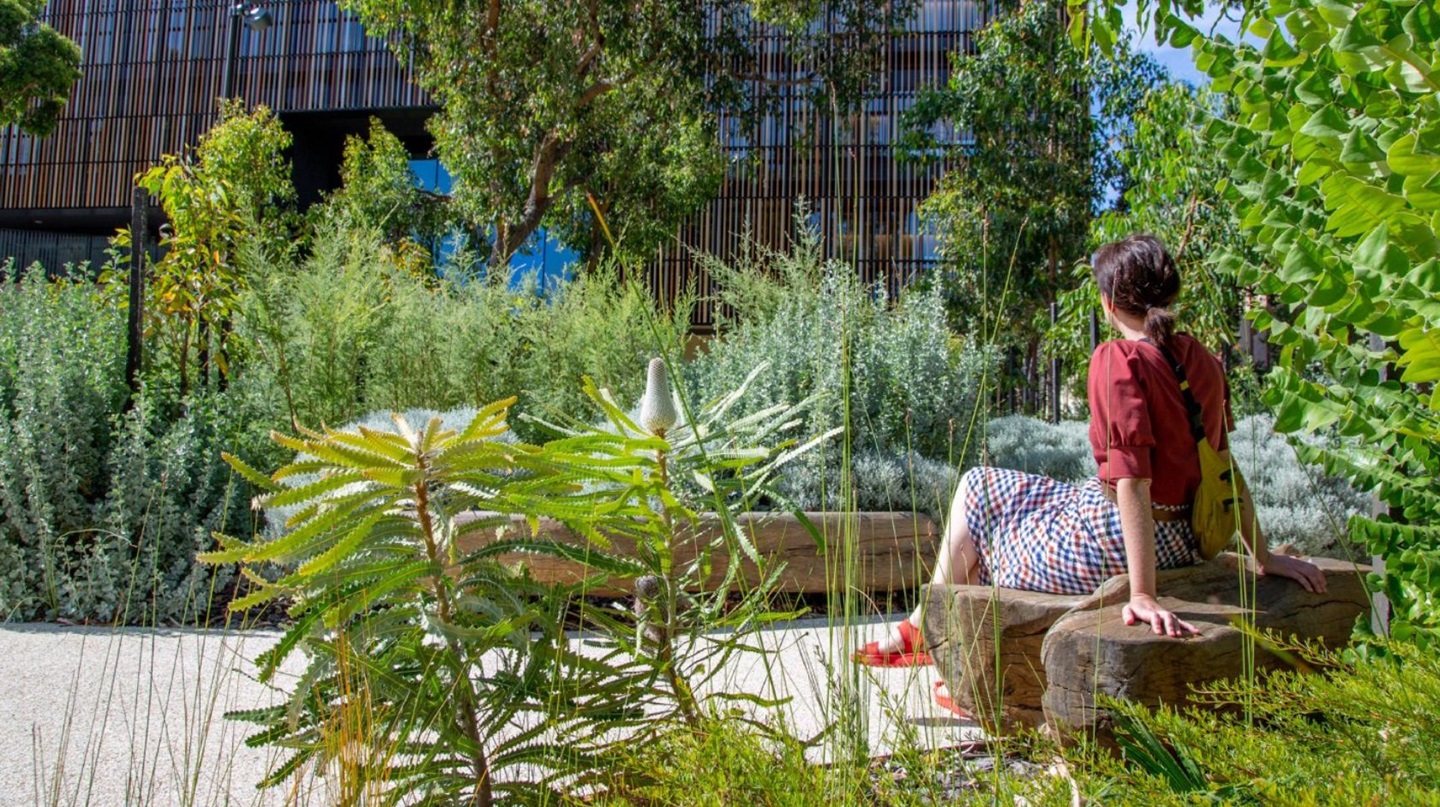 UWA student sits on rock-like outdoor seat amongst greenery contemplating life while looking at Bilya Marlee