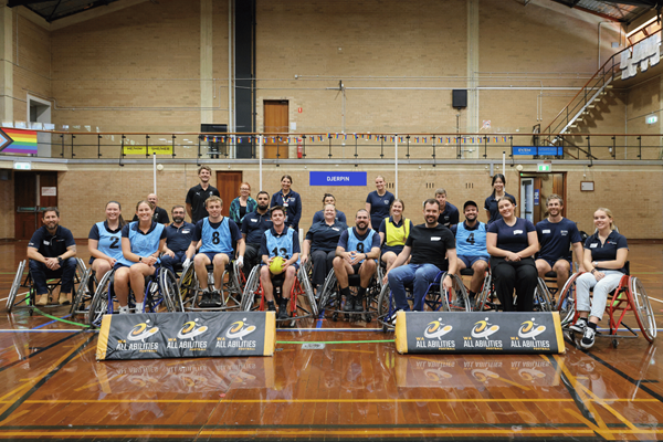 UWA Sport staff captured with WAAFA staff during a come and try wheelchair sport event at the UWA Fitness and Recreation Centre