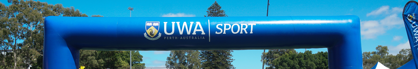 A blow-up archway featuring the UWA Sport logo