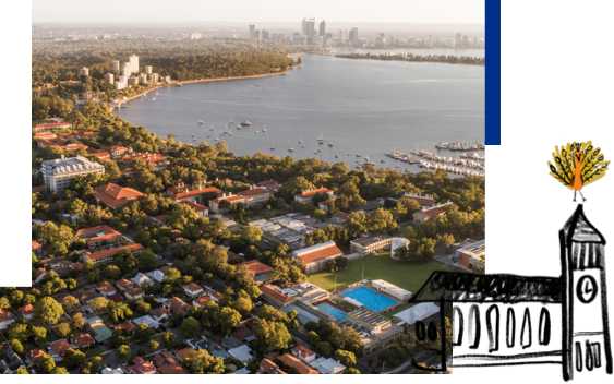 Aerial view of Swan River with The University of Western Australia in the foreground