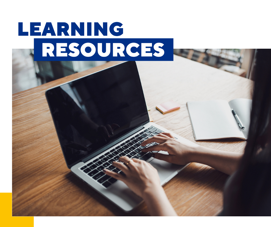 Image of a student on a laptop with the text learning resources