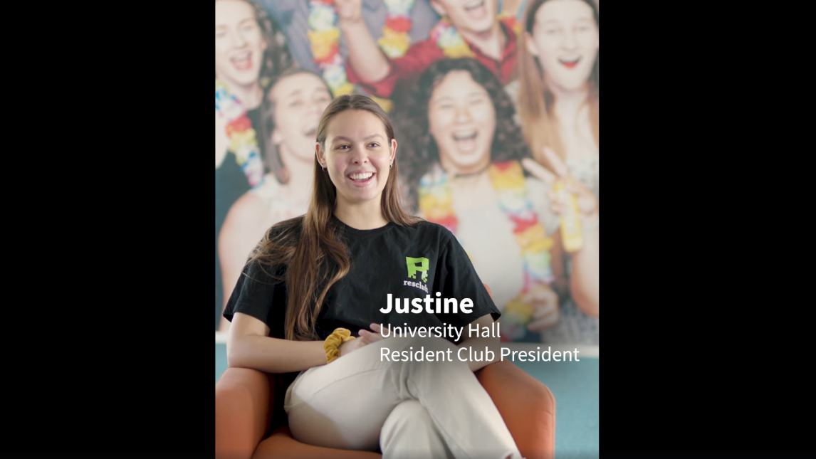 University hall club president, Justine