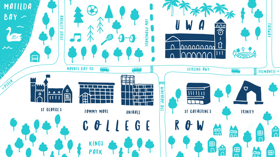 Hand-drawn map of UWA Residential Colleges in relation to UWA