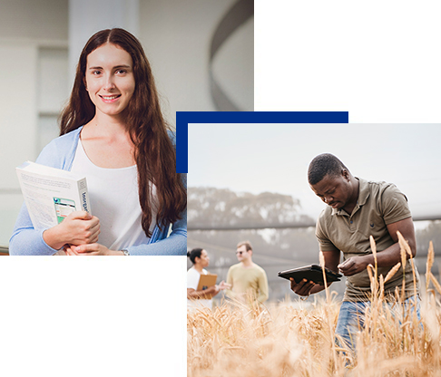 2 pictures put together - 1 of a young lady holding a textbook and 1 of a man in a wheat field holding an ipad