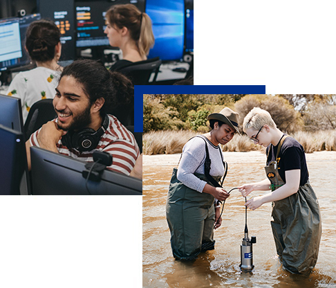 2 pictures put together - 1 of a young women near a lake and another of a young man in the trading room