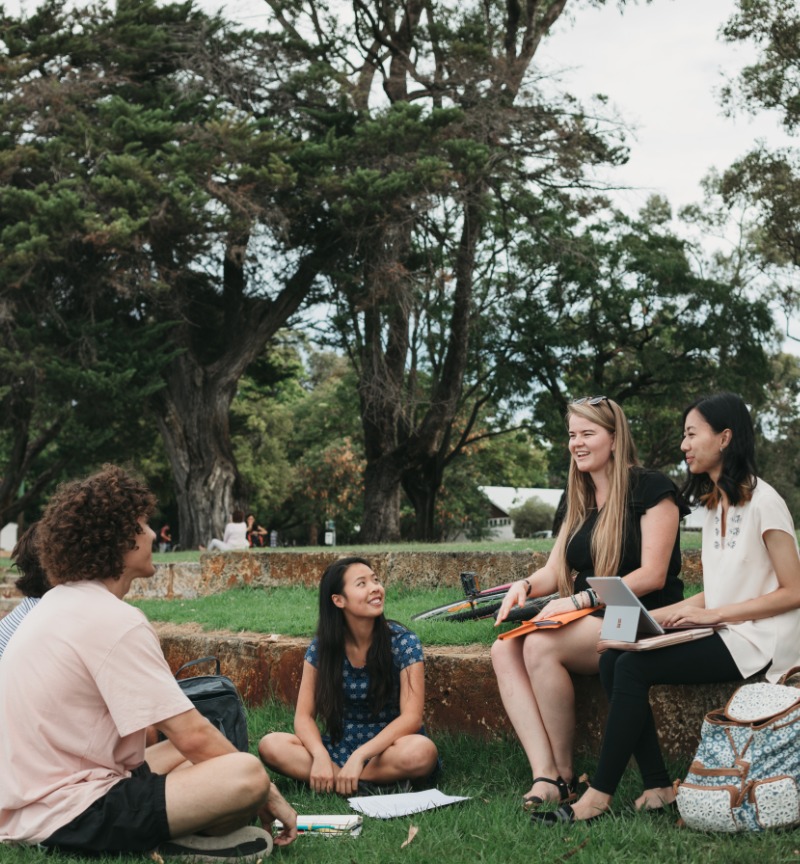 Five students sitting on grass talking