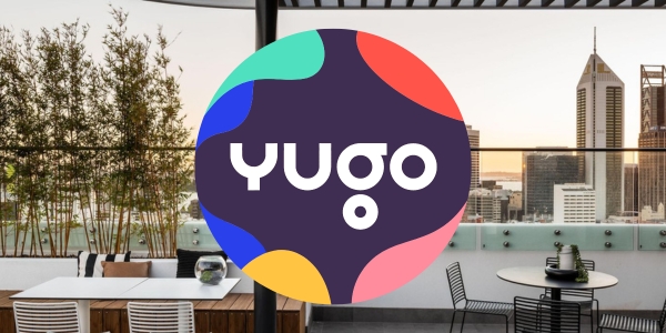 Logo of Yugo The Boulevard Student Accommodation positioned over the top of an image of the Perth skyline shot from their rooftop terrace