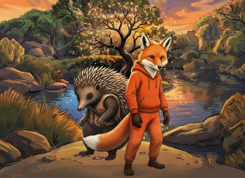 Illustrated fox character in an orange tracksuit standing beside an echidna by a creek at sunset, surrounded by native bushland and glowing sparkles.