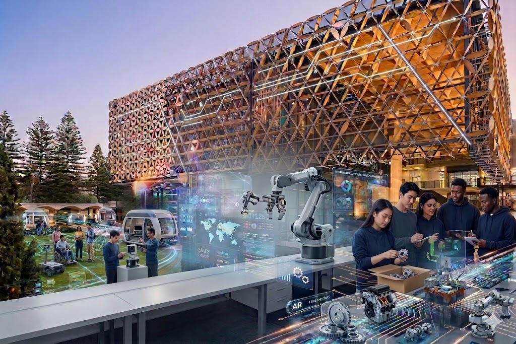 Edited image of EZone with engineering students around it