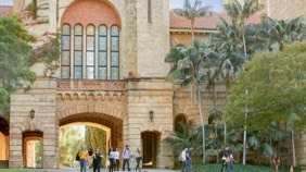 View of Winthrop Hall with students outside