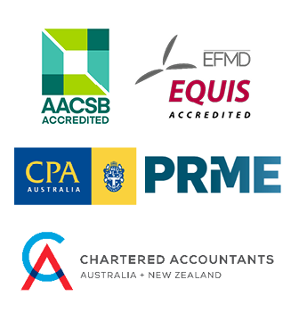 Accreditor logos - Association to Advance Collegiate Schools of Business (AACSB) accredited logo; European Foundation for Management Development (EFMD and European Quality Improvement System (EQUIS) accredited logo in one; Certified Practicing Accountant (CPA) logo; Principles for Responsible Management Education (PRME) logo; Chartered Accountants Australia New Zealand logo