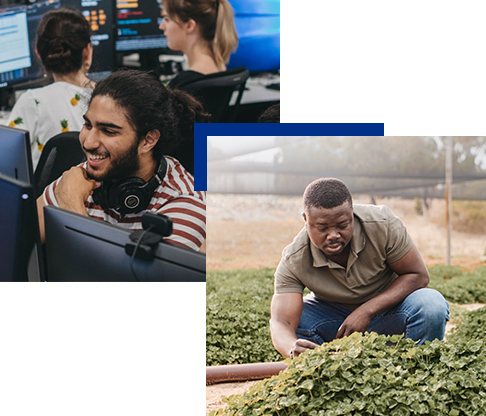 2 pictures put together - 1 of a young women near a lake and another of a young man in the trading room