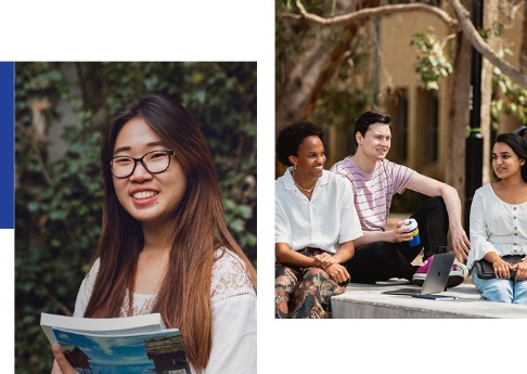 Split image - Smiling student with books and three students sitting and talking.