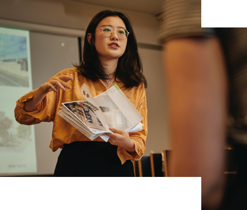 a woman presenting a talk